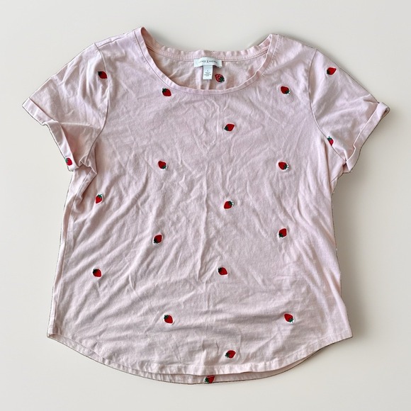 Vintage America Tops - Vintage America T-Shirt Women's L Pink Embroidered Strawberries Cottage Coquette